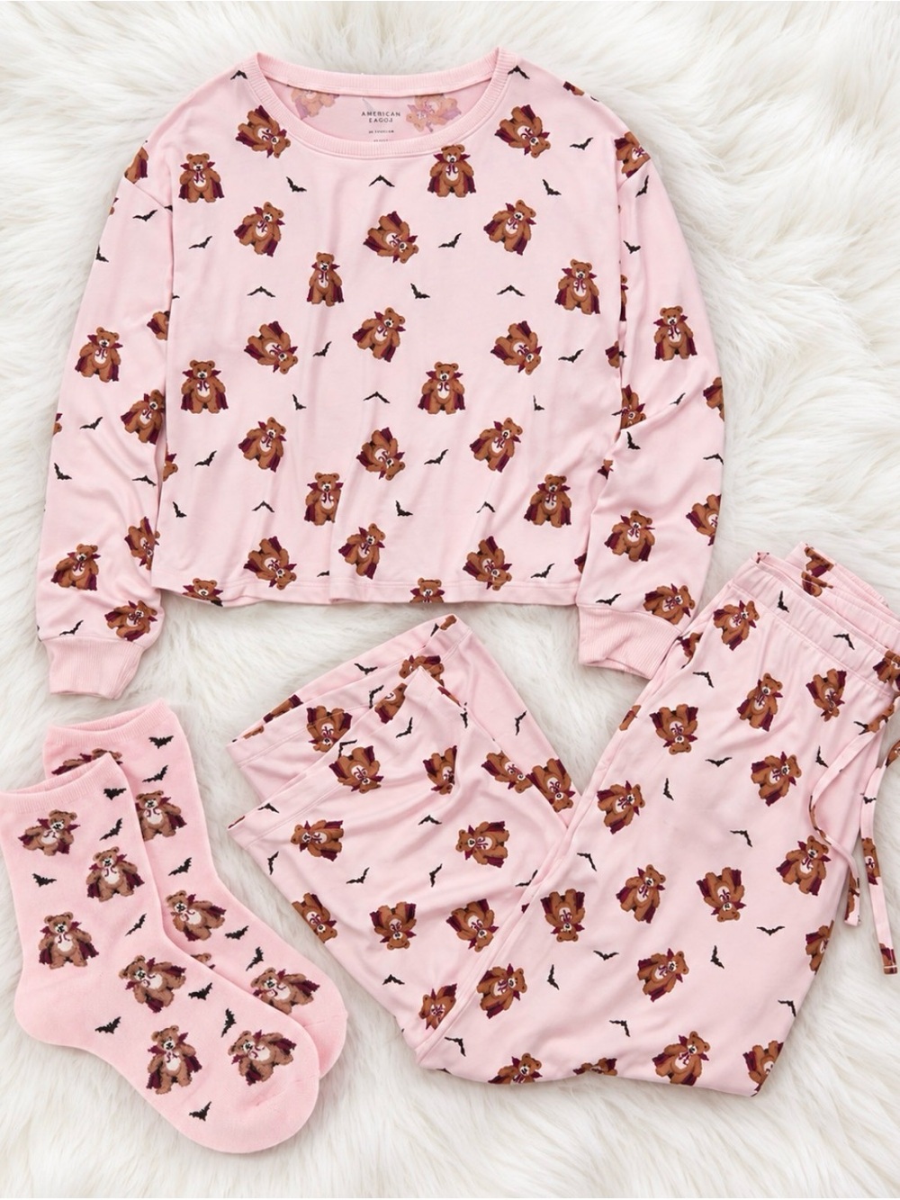 American Eagle AE Fall Halloween Pajamas PJ Set & Matching Socks Bears Sz M New